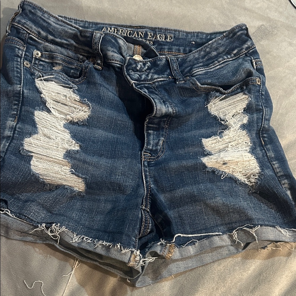 American Eagle Outfitters Ripped Dark Blue Jean Shorts next level stretch x